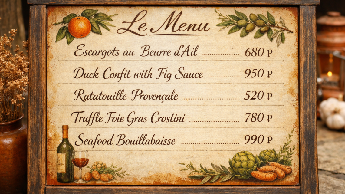Меню борд. фьюжн-ресторан. прованс стиль.