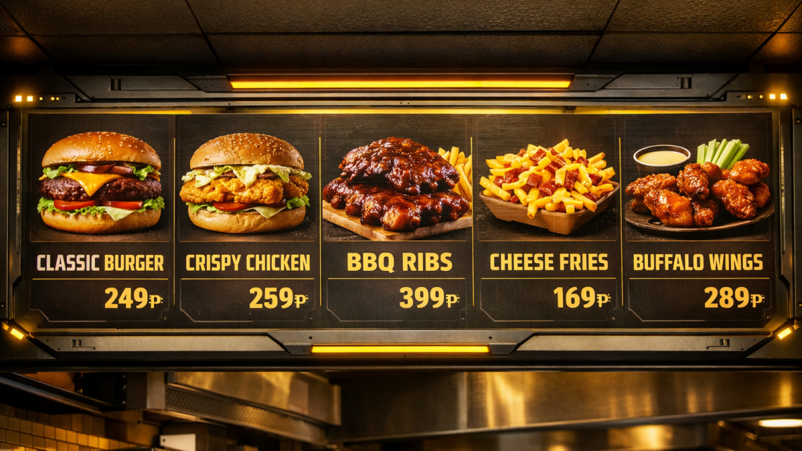 Меню борд. ресторан-быстрого-питания. хай-тек стиль.