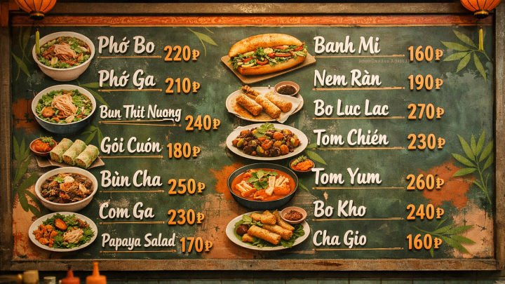 Меню борд. ресторан-быстрого-питания. вьетнамский стиль.
