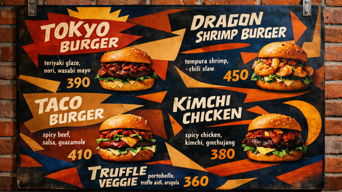 Меню борд. бургерная. авангард стиль.