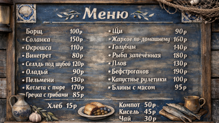 Меню борд. столовая. средиземноморский стиль.