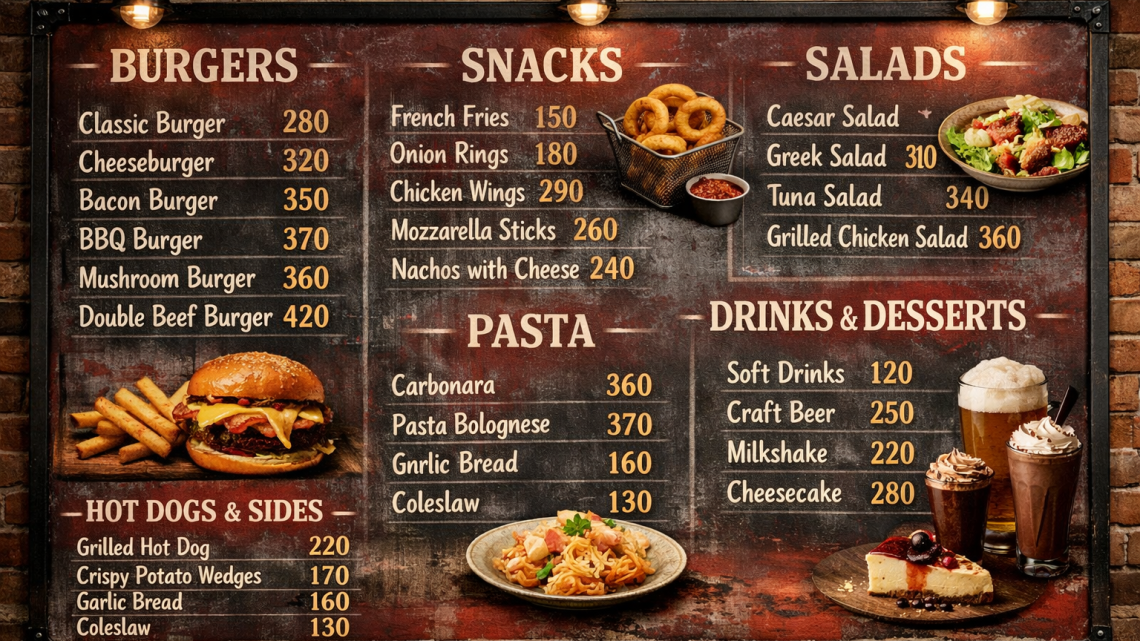Меню борд. бургерная. лофт стиль.
