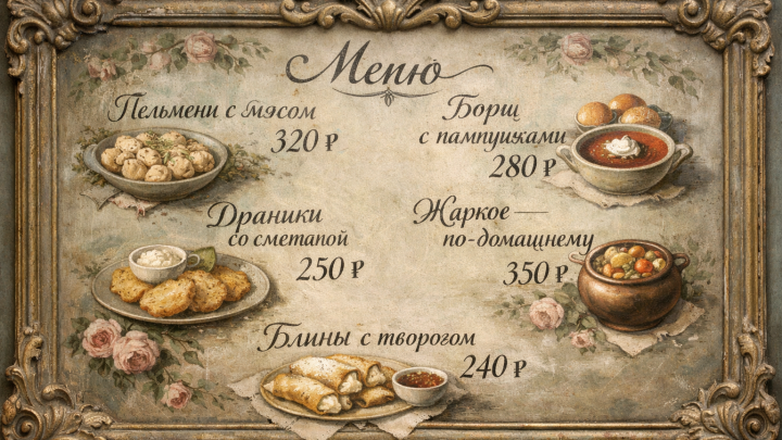 Меню борд. кофейня. рококо стиль.