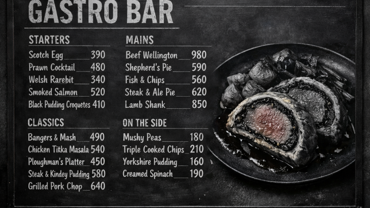 Меню борд. гастро-бар. авангард стиль.