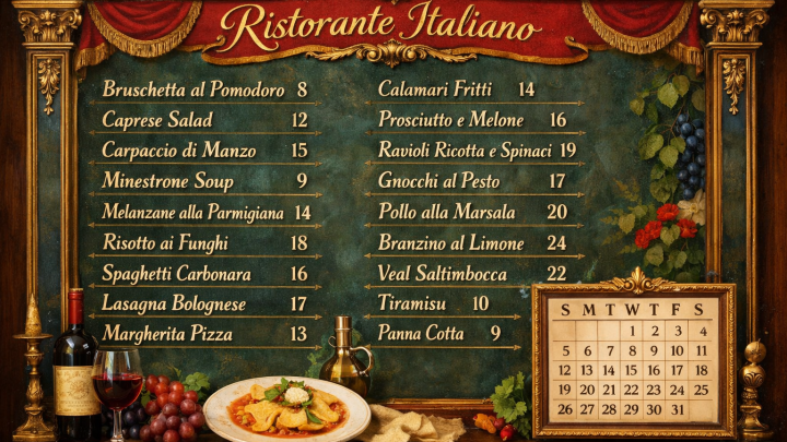 Меню борд. ресторан. ампир стиль.