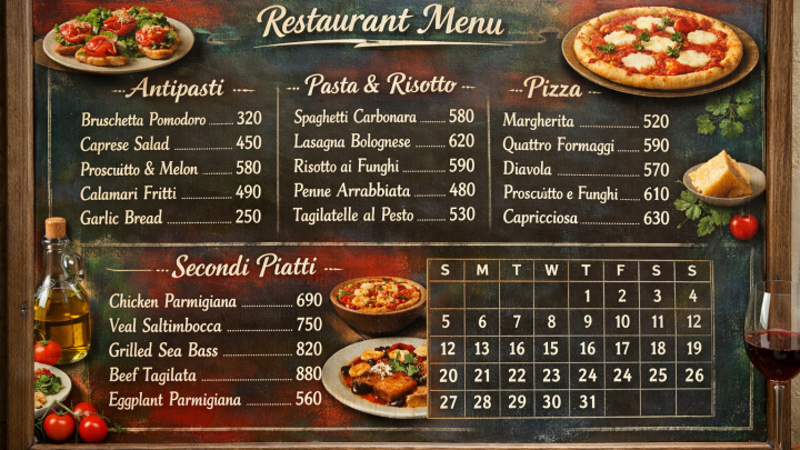 Меню борд. ресторан. европейский стиль.