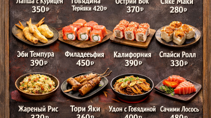 Меню борд. вок-суши. японский стиль.
