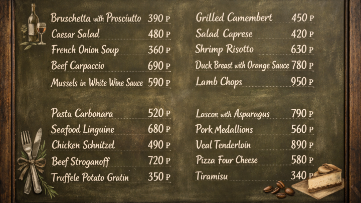 Меню борд. ресторан. европейский стиль.