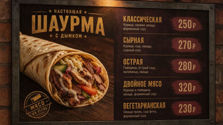 Меню борд. шаурмичная. индустриальный стиль.