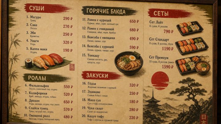 Меню борд. пиццерия. японский стиль.