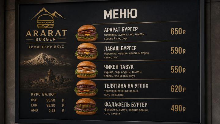 Меню борд. бургерная. хай-тек стиль.