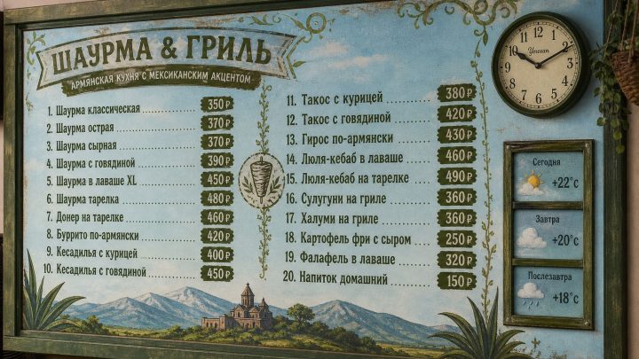 Меню борд. шаурмичная. мексиканский стиль.