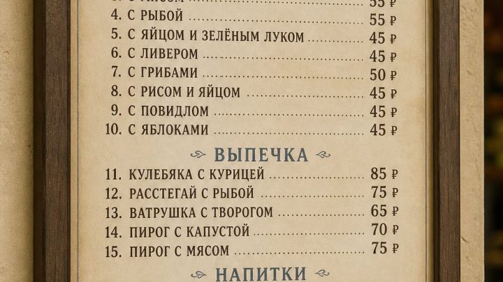 Меню борд. пирожковая. европейский стиль.